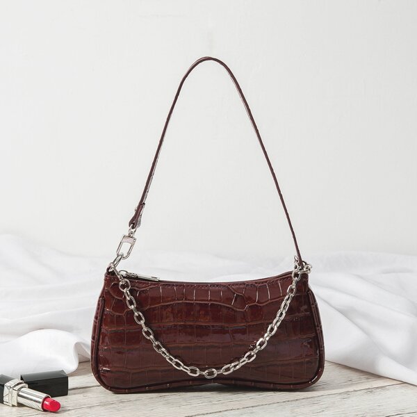 

Croc Embossed Chain Decor Baguette Bag, Coffee brown