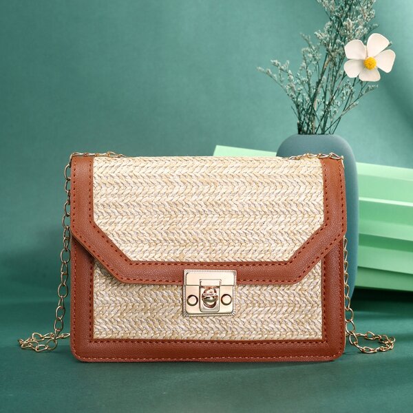 

Twist Lock Chain Straw Bag, Brown