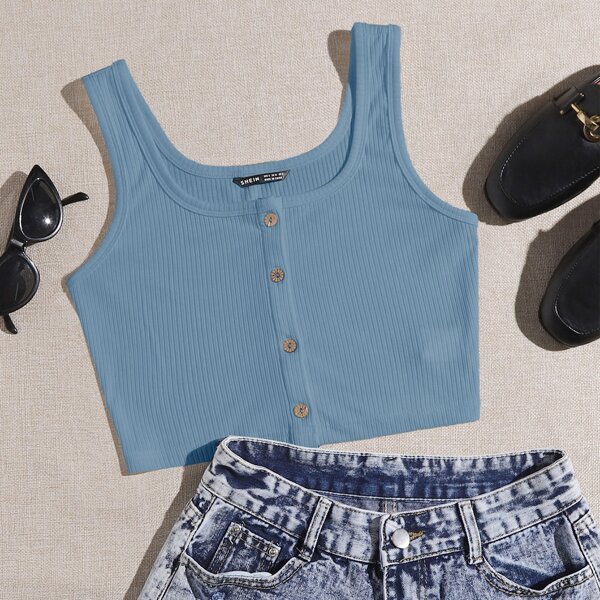 

Button Front Rib-knit Tank Top, Dusty blue