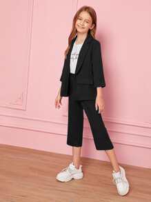 SHEIN Leap Crew Girls Notch Collar Blazer and Trousers Set - Black - View 2
