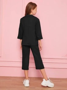 SHEIN Leap Crew Girls Notch Collar Blazer and Trousers Set - Black - View 3