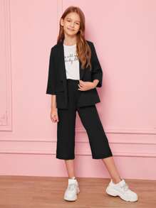 SHEIN Leap Crew Girls Notch Collar Blazer and Trousers Set - Black - View 4