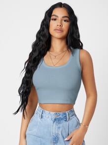 SHEIN PETITE Rib-knit Crop Tank Top - Dusty Blue - View 1