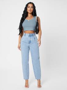 SHEIN PETITE Rib-knit Crop Tank Top - Dusty Blue - View 3