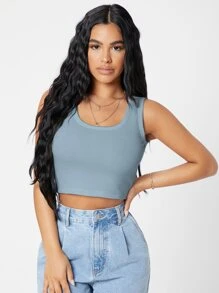 SHEIN PETITE Rib-knit Crop Tank Top - Dusty Blue - View 4