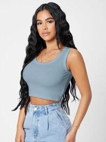 SHEIN PETITE Rib-knit Crop Tank Top - Dusty Blue - View 5