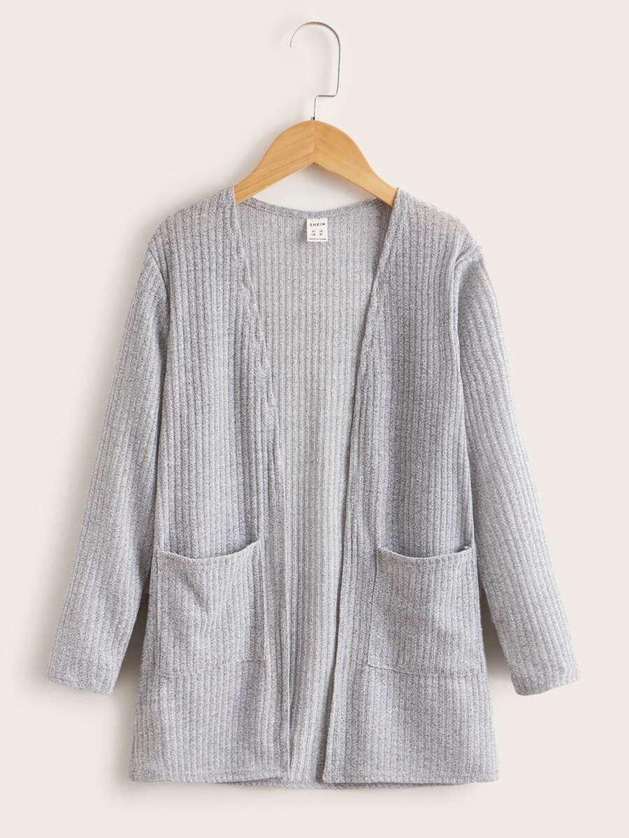 SHEIN Abrigo tejida de canalé con bolsillo de parte delantera abierta - Gris Claro - Ver 1