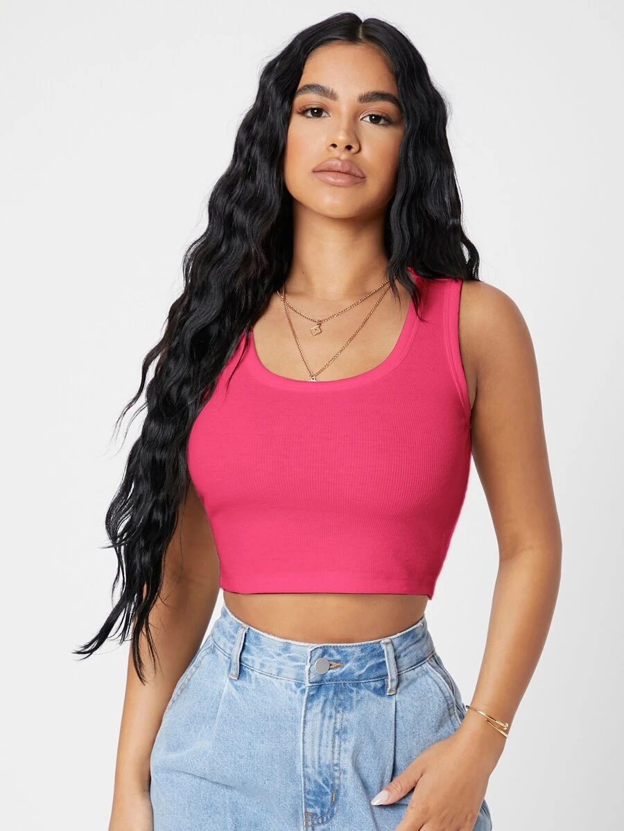 SHEIN PETITE Rib-knit Crop Tank Top - Hot Pink - View 1