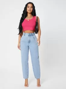 SHEIN PETITE Rib-knit Crop Tank Top - Hot Pink - View 3
