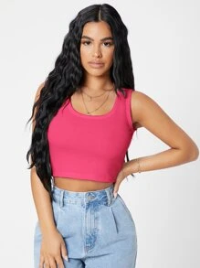 SHEIN PETITE Rib-knit Crop Tank Top - Hot Pink - View 4