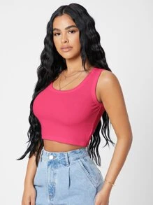 SHEIN PETITE Rib-knit Crop Tank Top - Hot Pink - View 5