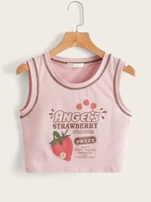 SHEIN Qutie Plus Strawberry & Letter Graphic Contrast Stitch Crop Tank Top - Baby Pink - View 1