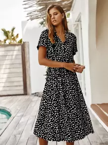 Breezaya Dalmatian Print Drawstring Waist A-line Dress - Black and White - View 5