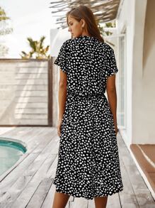 Breezaya Dalmatian Print Drawstring Waist A-line Dress - Black and White - View 2