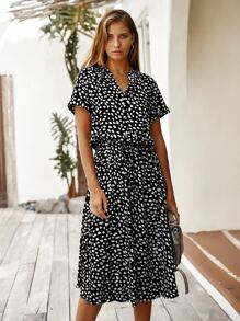 Breezaya Dalmatian Print Drawstring Waist A-line Dress - Black and White - View 1