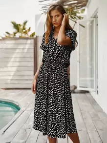 Breezaya Dalmatian Print Drawstring Waist A-line Dress - Black and White - View 3