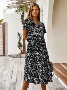 Breezaya Dalmatian Print Drawstring Waist A-line Dress - Black and White - View 6