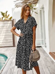 Breezaya Dalmatian Print Drawstring Waist A-line Dress - Black and White - View 4