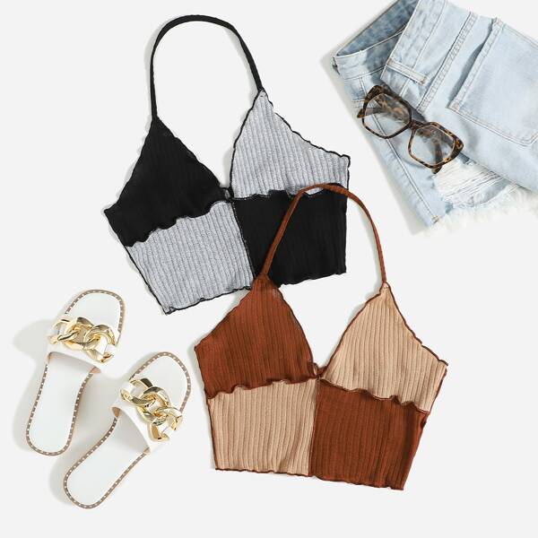 

2pc Color Block Lettuce Trim Halter Top, Multicolor