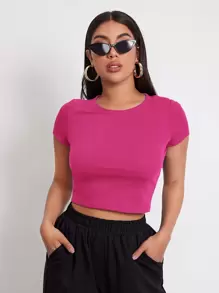Muchica Camiseta corta de cuello redondo - Rosa Fucsia - Ver 2