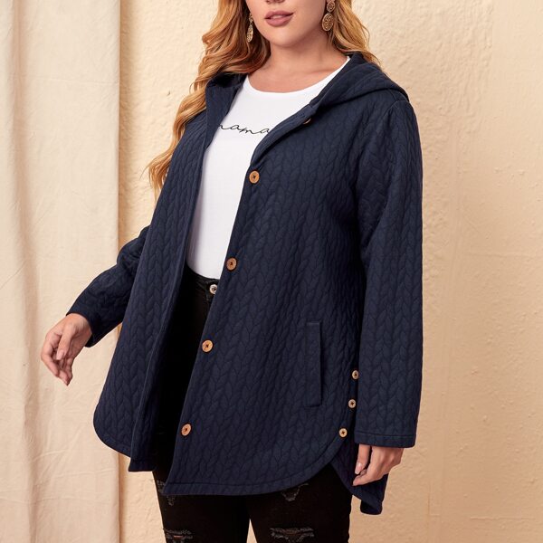 

Plus Button Front Hooded Coat, Navy blue