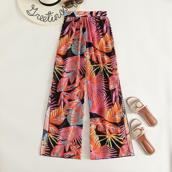 

Tropical Leaf Print Cover Up Pants, Multicolor