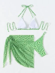 SHEIN Swim Summer Beach Floral Bikini Set Drawstring Triangle Bra & Hipster Bottom & Beach Skirt - Green - View 2