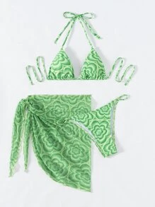 SHEIN Swim Summer Beach Floral Bikini Set Drawstring Triangle Bra & Hipster Bottom & Beach Skirt - Green - View 3