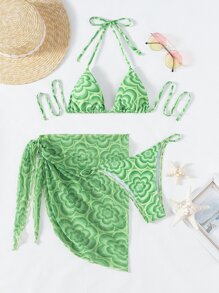 SHEIN Swim Summer Beach Floral Bikini Set Drawstring Triangle Bra & Hipster Bottom & Beach Skirt - Green - View 4