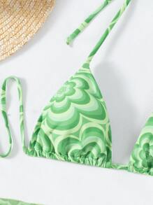 SHEIN Swim Summer Beach Floral Bikini Set Drawstring Triangle Bra & Hipster Bottom & Beach Skirt - Green - View 5