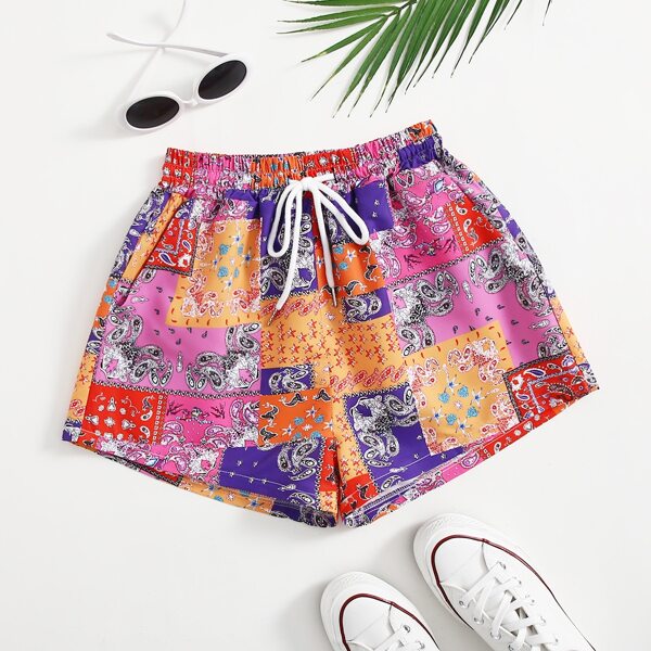 

Plus Paisley Print Drawstring Waist Shorts, Multicolor