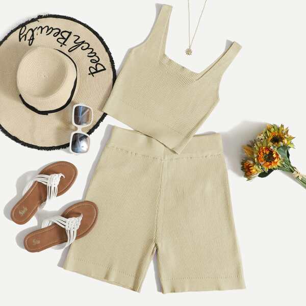 

Ribbed Knit Tank Top & Shorts Set, Apricot