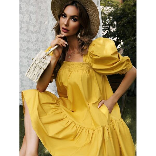 

Solid Puff Sleeve Babydoll Dress, Yellow