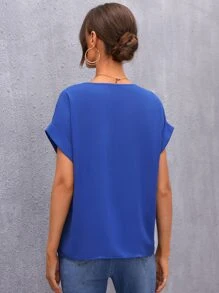 SHEIN LUNE 捲邊袖拉鏈半開襟上衣 - 藍色 - 查看 2