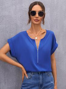 SHEIN LUNE 捲邊袖拉鏈半開襟上衣 - 藍色 - 查看 3