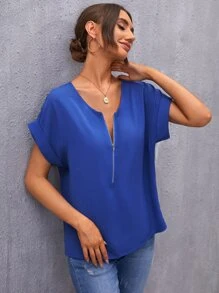 SHEIN LUNE 捲邊袖拉鏈半開襟上衣 - 藍色 - 查看 4