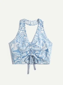 休閒抽繩 褶邊大理石紋女士背心 - 藍白色 - 查看 1