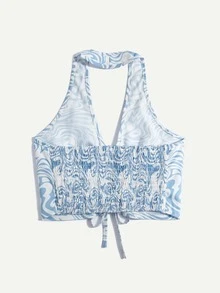 休閒抽繩 褶邊大理石紋女士背心 - 藍白色 - 查看 2