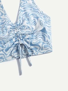 休閒抽繩 褶邊大理石紋女士背心 - 藍白色 - 查看 3