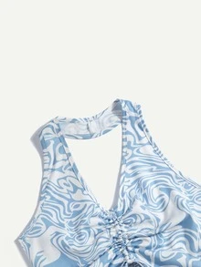休閒抽繩 褶邊大理石紋女士背心 - 藍白色 - 查看 4