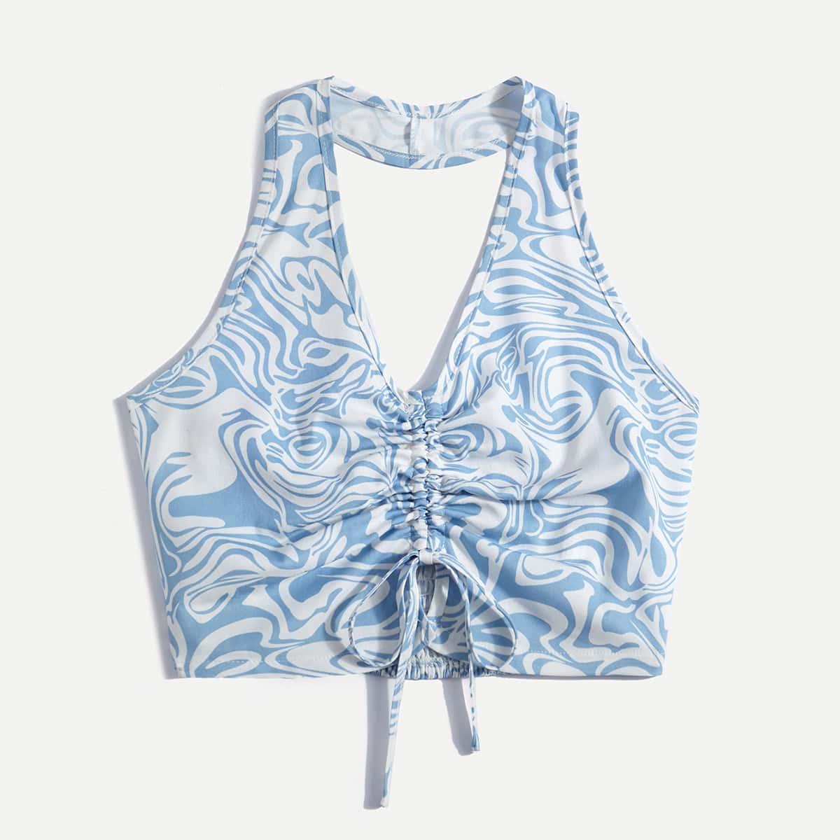 

Marble Print Drawstring Halter Top, Blue and white