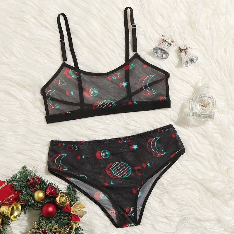 

Galaxy Print Sheer Mesh Lingerie Set, Black