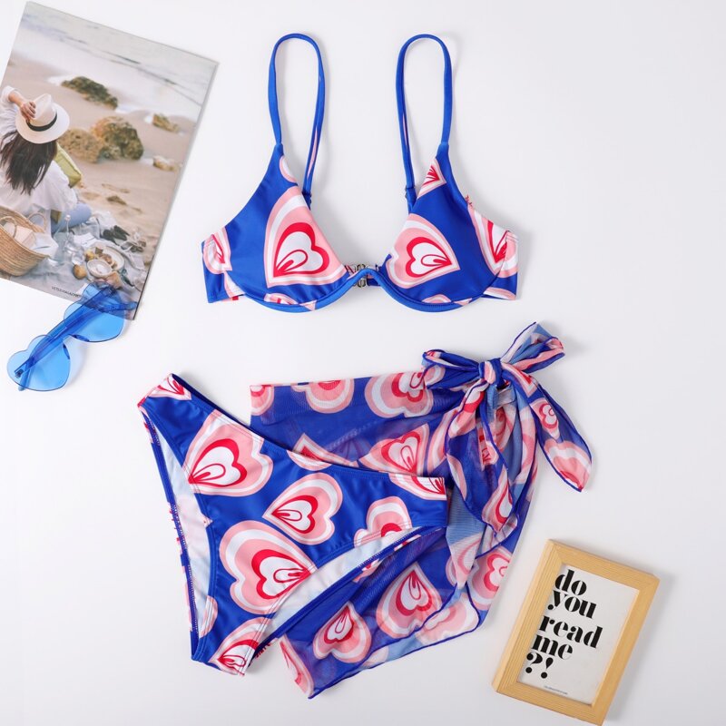 

3pack Heart Pattern Push Up Bikini Swimsuit & Beach Skirt, Blue