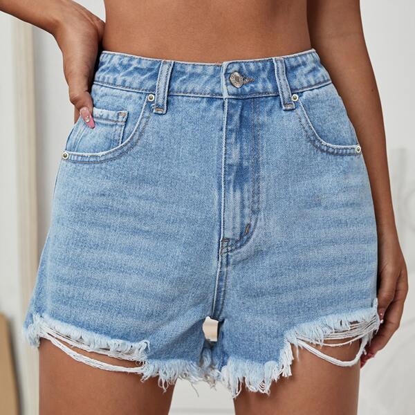 

Raw Hem Ripped Denim Shorts, Medium wash