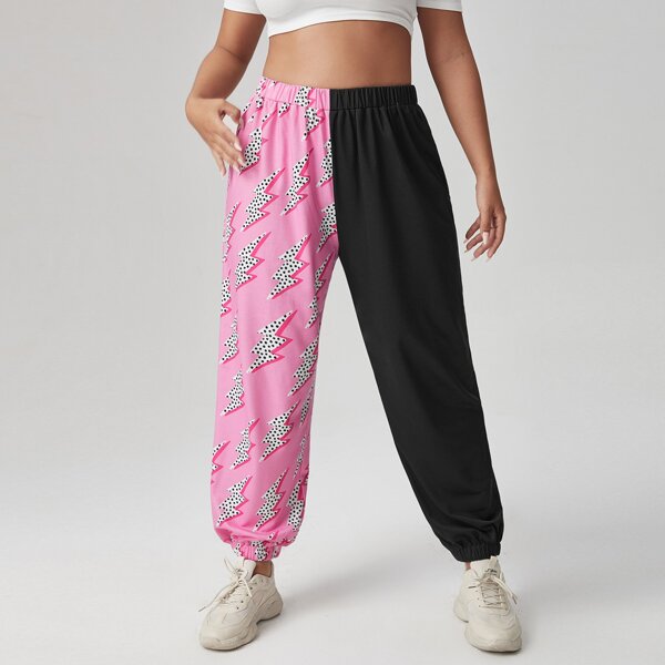 

Plus Two Tone And Lightning Logo Print Sweatpants, Multicolor