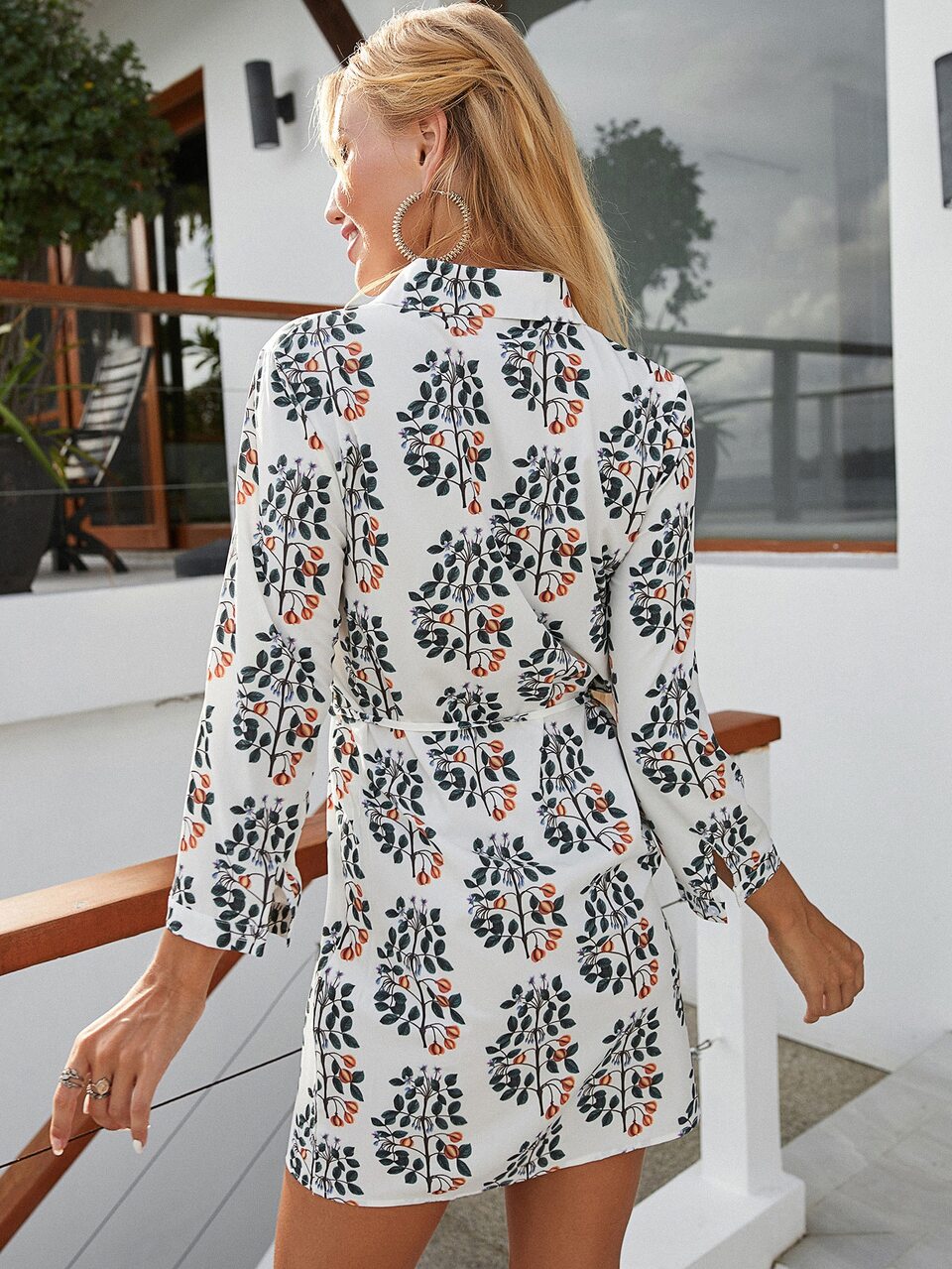 Plant Print Half Button Knot Front Shirt Dress
