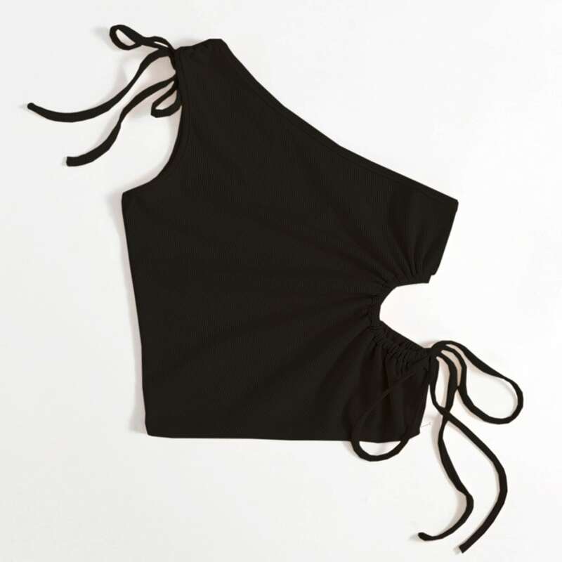 

Solid One Shoulder Drawstring Cut Out Top, Black