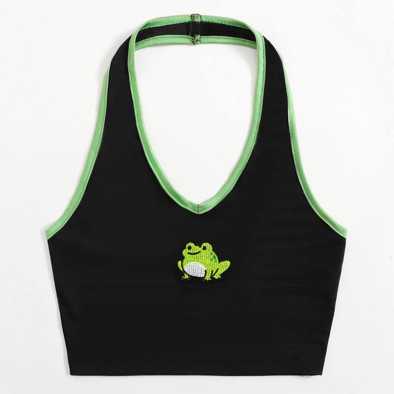

Frog Print Contrast Binding Halter Top, Black