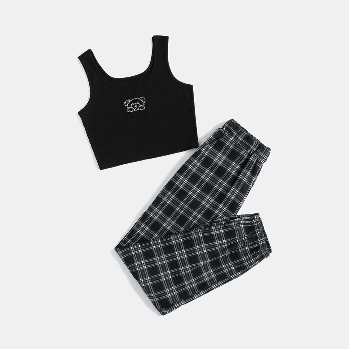 

Cartoon Bear Embroidery Ribbed Tank Top & Plaid Joggers, Black and white