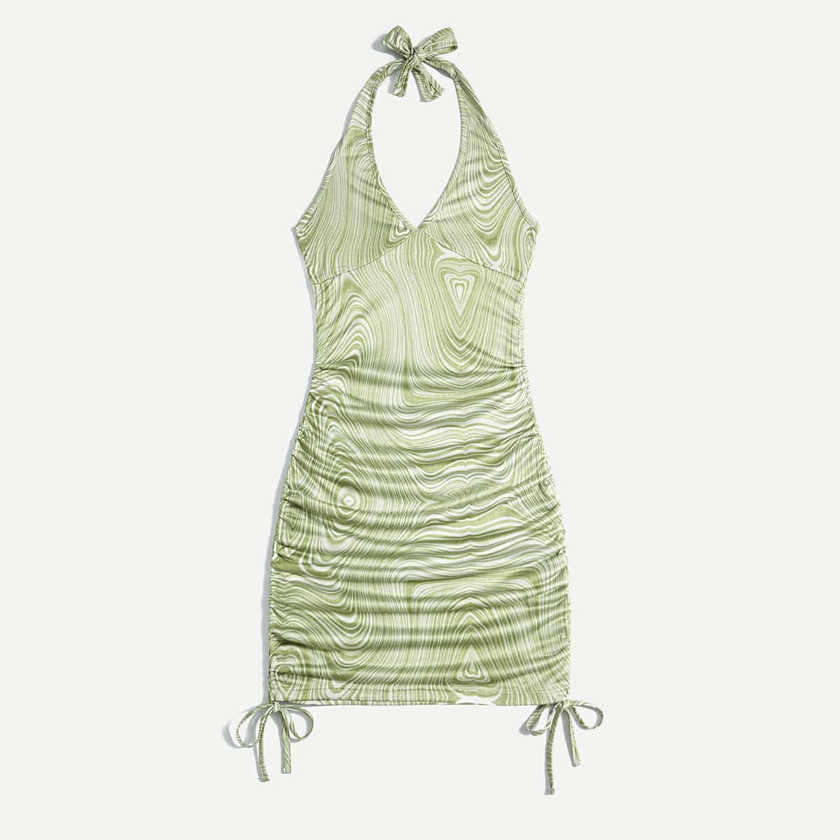 

Marble Print Drawstring Side Halter Dress, Mint green